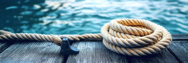 coiled mooring rope on weathered wooden dock beside metal cleat with calm turquoise water conveying peaceful nautical mood