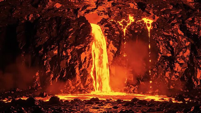 Molten orange lava cascading downwards from a dark, rocky cavern fissure into a glowing pool below, symbolizing primal earth forces and raw elemental power.