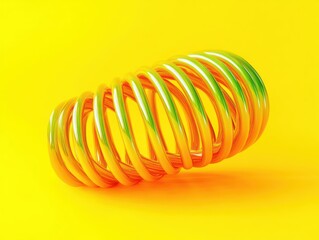 Glossy orange and green coiled tube lying on vivid yellow background with soft shadow, playful energetic abstract 3D spiral