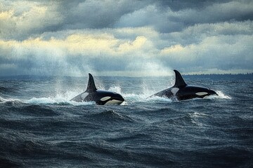 Fototapeta premium Two orcas cutting through choppy ocean waves beneath a dramatic stormy sky, powerful majestic marine scene with spray and rolling sea