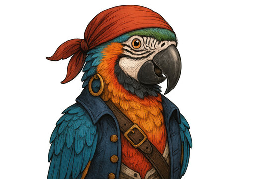 Pirate macaw parrot wearing a red bandana, captain jacket, and an earring, ready for swashbuckling adventure