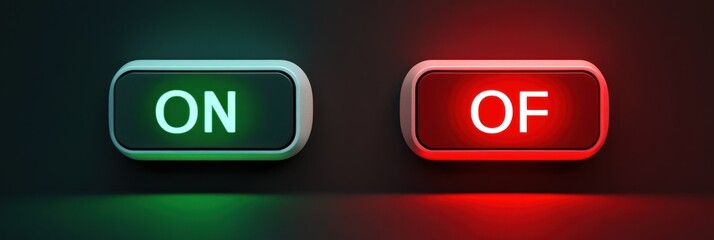 Glowing green ON and red OF illuminated rounded buttons on dark background, contrasting reflections and a tense mood suggesting a binary choice
