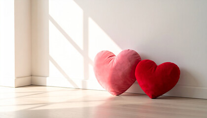 白い壁際に並ぶピンクと赤のハートクッション、明るい陽光が差し込む部屋