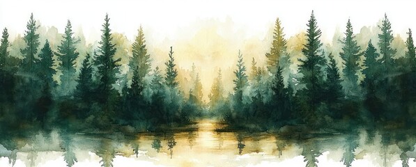 misty evergreen forest reflected on a calm golden lake at sunrise, serene and peaceful watercolor landscape