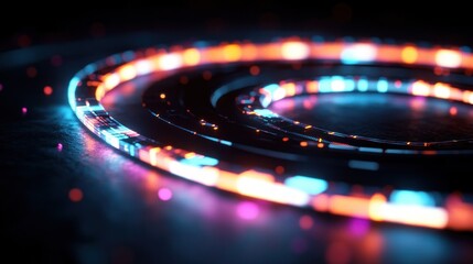 futuristic glowing neon concentric rings on a dark reflective surface with scattered light particles, vibrant energetic and mysterious mood