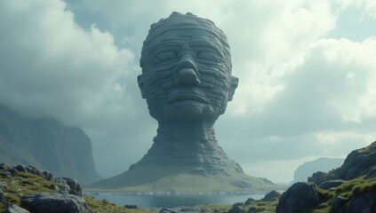 Giant layered rock head sculpture on a grassy island in a cloudy rugged fjord landscape