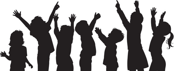 black silhouettes of children raising hands up in the air