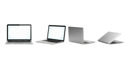 sequence of four modern laptops with illuminated screens isolated on transparent background