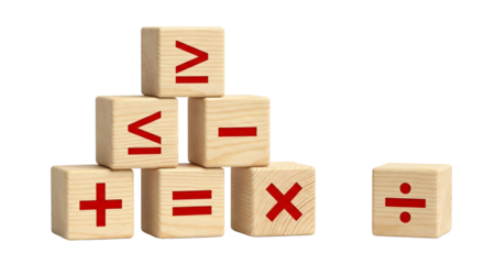 Educational wooden blocks with basic mathematical symbols arranged in a pyramid shape isolated