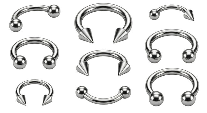 Collection of stainless steel circular and curved body piercing jewelry isolated on transparent