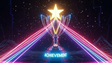 Glowing Trophy with Star and Light Trails on Dark Background