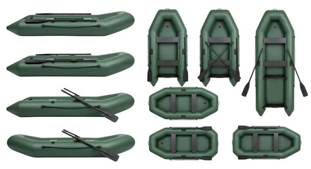 Set of military inflatable boats with paddles and oars isolated on transparent background