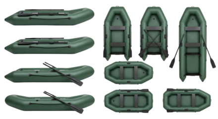 Set of military inflatable boats with paddles and oars isolated on transparent background