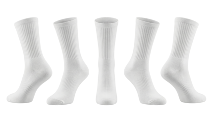 Set of five plain white crew socks displayed on the same line against an isolated transparent