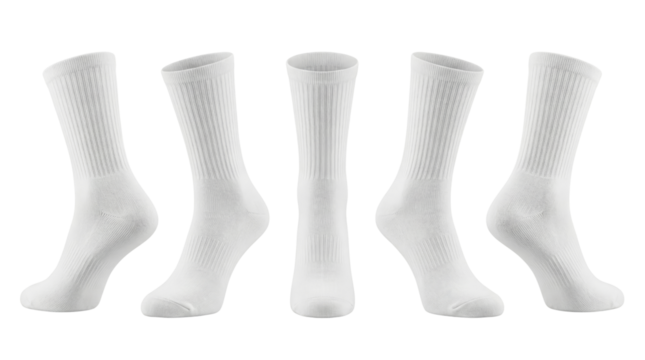 Set of five plain white crew socks displayed on the same line against an isolated transparent - Powered by Adobe