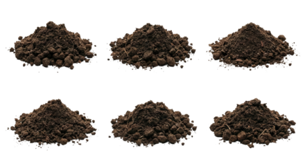six distinct piles of finely textured rich earth soil isolated on transparent background