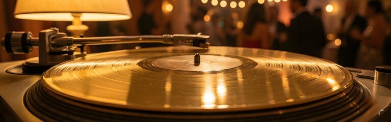 Obraz premium Golden Vinyl Record Spinning at an Elegant Party