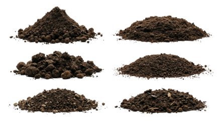 various types of soil and dirt samples with granular and crumbly textures isolated on transparent