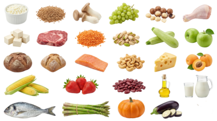 assorted fresh food ingredients with vegetables fruits dairy meats grains and spices isolated on