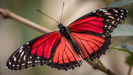 A beautiful red admiral butterfly with delicate black and orange wings rests on a green leaf in a summer garden, showcasing a colorful macro closeup of wildlife in nature