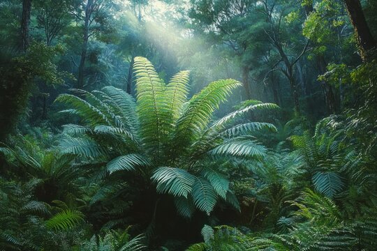 Sunlit rainforest clearing with large tree ferns and misty beams filtering through tall trees over lush green undergrowth, evoking a tranquil peaceful mood