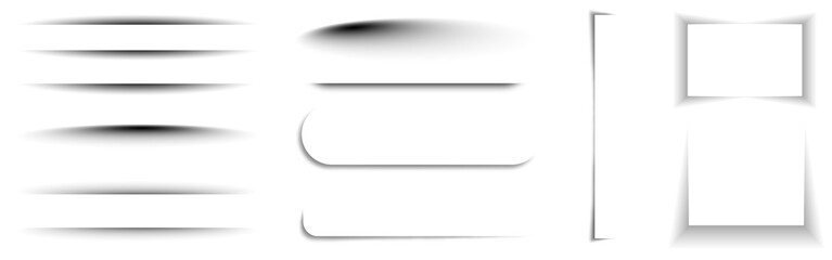 Realistic soft drop shadow divider set with horizontal lines, rounded banners and paper boxes. Clean transparent shadow overlays for web, posters, cards and modern graphic design.