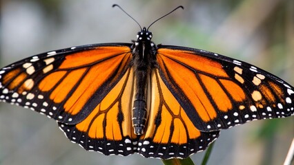 A delicate monarch butterfly with vibrant orange and black wings rests on a colorful flower in a summer garden to drink nectar in this macro wildlife close-up