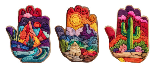 Creative Hand-stitched Icons Representing Diverse Landscapes and Nature Elements