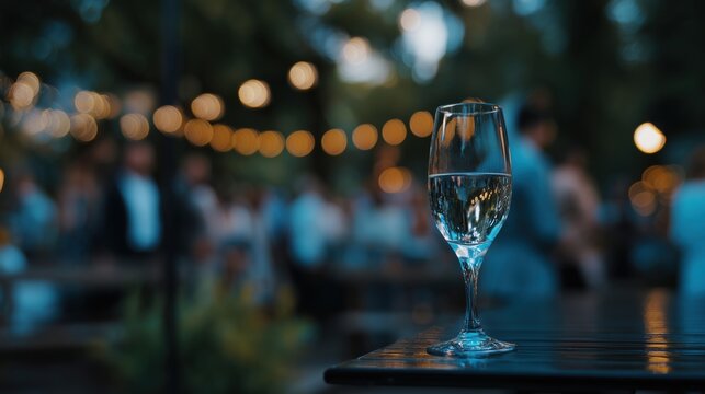 Glass of sparkling wine on table at outdoor evening garden party with bokeh lights, Elegant champagne glass at luxury night event with blurred crowd and warm string lights