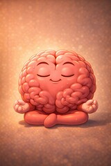 A calm 3D semi-realistic illustration of an anthropomorphic brain seated in meditation. Closed eyes, peaceful expression, smooth rounded folds, soft ambient lighting, subtle ground shadows
