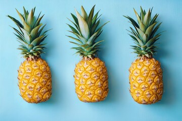 Fototapeta premium Three ripe pineapples lined up against a bright blue background, fresh tropical still life with vibrant yellow fruit and green crowns conveying playful summer cheer