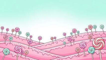 Whimsical Candy Land Landscape with Pink Hills and Colorful Lollipops Under a Clear Sky.