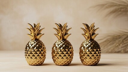 Elegant golden pineapples trio arrangement on a neutral background conveying sophistication and