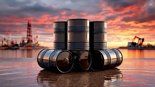 Oil Barrels and Industry: Six industrial oil barrels are stacked to be ready for transportation. set against a backdrop of the horizon, symbolizing energy and industry. 