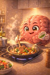 A lively 3D semi-realistic illustration of an anthropomorphic brain cooking in a kitchen. Steam effects, warm lighting, utensil reflections, smooth surfaces, soft shadows, layered ingredients