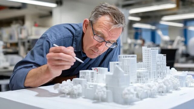 Architect at Work: An experienced architect, intently examines a detailed scale model of a cityscape, representing dedication and innovative design process.