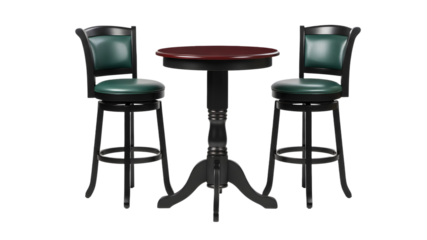 Traditional dark pub table with two green swivel bar stools, isolated