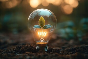 Glowing light bulb resting on soil with a small green seedling growing inside, warm golden bokeh background conveying hope and nurture