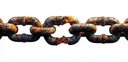 Rusted heavy metal chain with a severely corroded broken link on white background conveying decay, vulnerability and tension