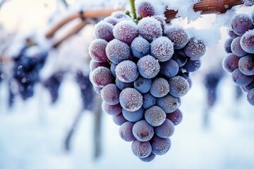 frost-covered purple grape cluster hanging from a vine in a snowy vineyard, evoking serene wintry stillness