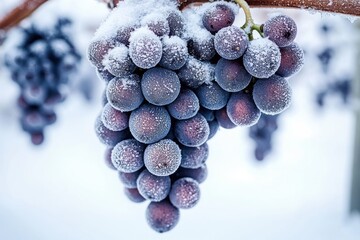 frost-covered purple grape cluster hanging from a vine in snowy winter with icy crystals and a serene cold atmosphere