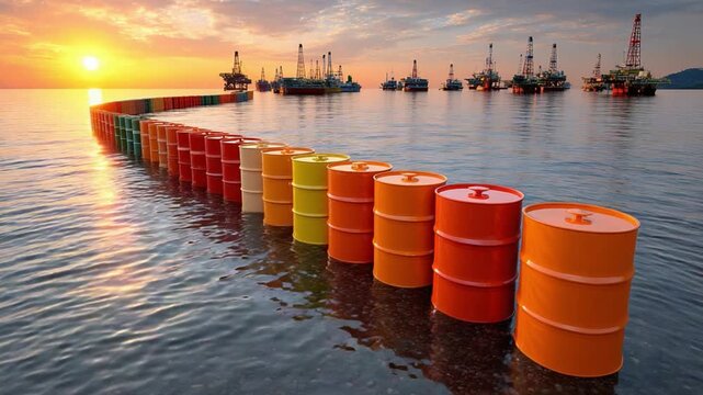 Energy Transition: Oil barrels form a colorful path toward offshore platforms under a vivid sunset sky, symbolizing the complex relationship between traditional energy sources and future goals.