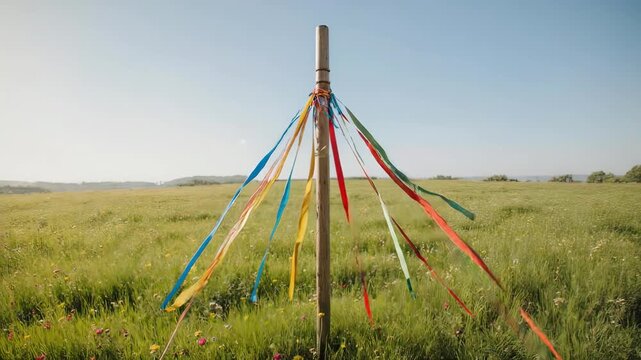Colorful Ribbons on a Maypole in a Field.