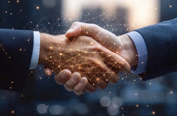 Close-up of two professionals in suits shaking hands with a glowing connected network overlay on their hands, conveying trust, partnership and futuristic collaboration