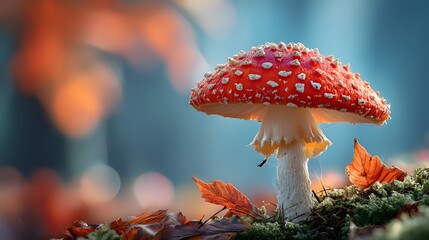 Macro shot displays vibrant red fly agaric mushroom with white spots growing on mossy forest floor with soft bokeh autumn leaf backdrop.