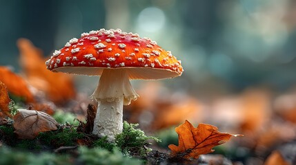 Macro shot displays vibrant red fly agaric mushroom with white spots growing on mossy forest floor with soft bokeh autumn leaf backdrop.