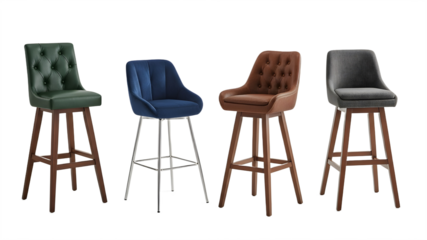 Four assorted bar stools: tufted leather, velvet, and textured fabric