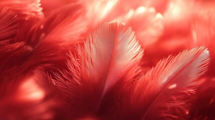 close-up of soft red feathers with delicate plumes and warm glowing light evoking cozy romantic serenity