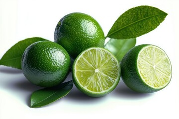 fresh glossy green limes with leaves, one cut open to reveal juicy segments, bright zesty and refreshing mood