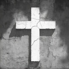 weathered white cross painted on cracked plaster wall casting soft shadows, solemn and contemplative monochrome scene
